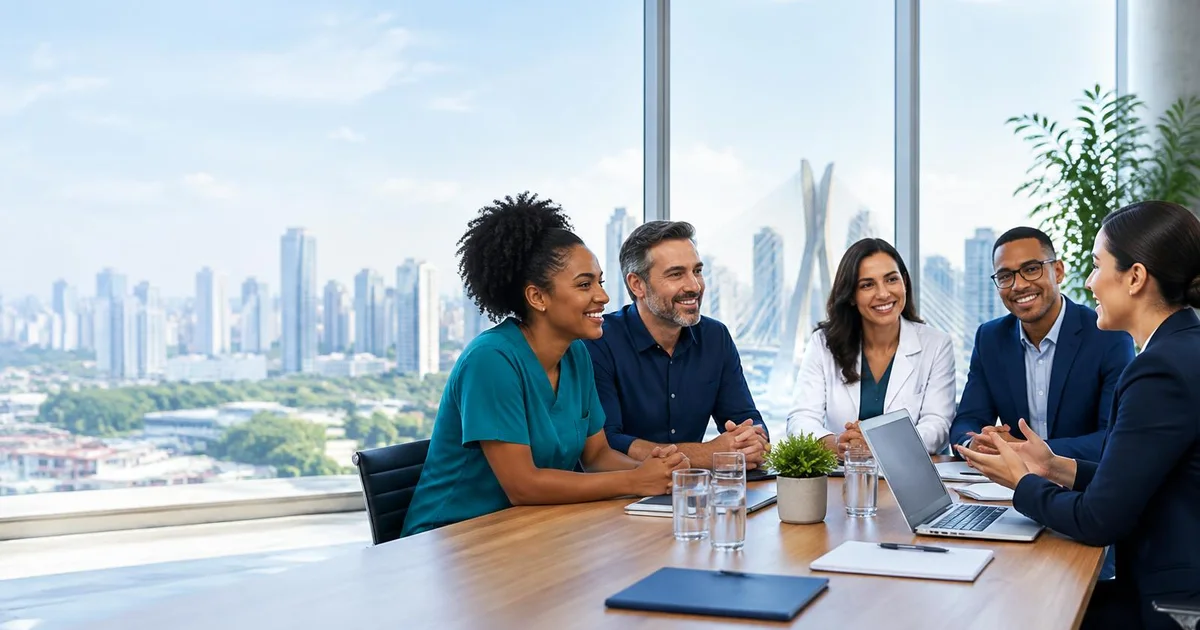 Profissionais conversando com consultora de saúde em São Paulo