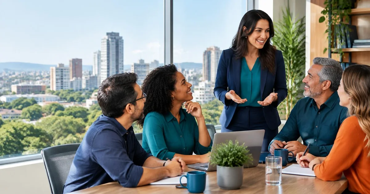 Equipe de pequena empresa reunida em escritório de Campinas