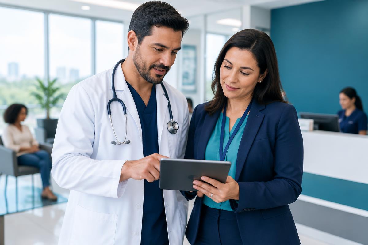 Médico e gestora de clínica consultam informações em um tablet